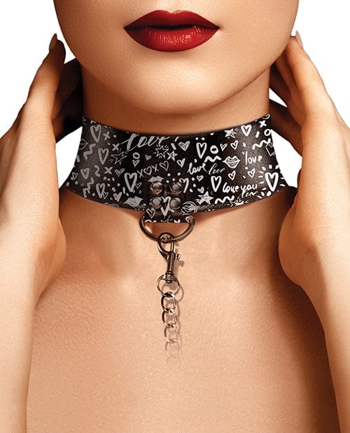 Shots America Shots Ouch Love Street Art Fashion Printed Collar with Leash - Black Kink &amp; BDSM