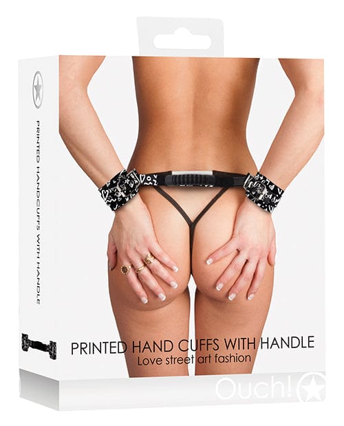 Shots America Shots Ouch Love Street Art Fashion Printed Hand Cuffs with Handle - Black Kink &amp; BDSM