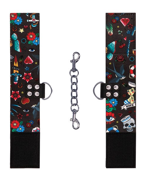 Shots America Shots Ouch Old School Tattoo Style Printed Ankle Cuffs- Black Kink &amp; BDSM