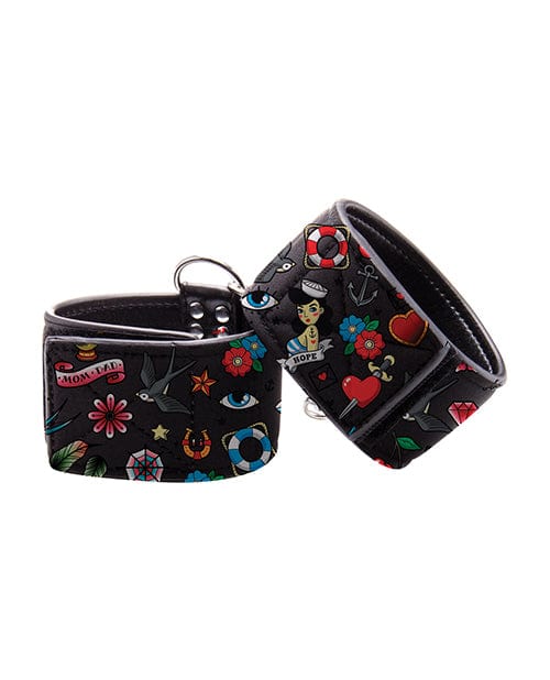 Shots America Shots Ouch Old School Tattoo Style Printed Ankle Cuffs- Black Kink &amp; BDSM