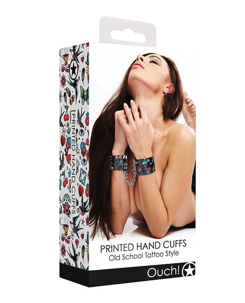 Shots America Shots Ouch Old School Tattoo Style Printed Hand Cuffs- Black Kink &amp; BDSM