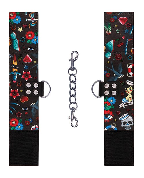 Shots America Shots Ouch Old School Tattoo Style Printed Hand Cuffs- Black Kink &amp; BDSM