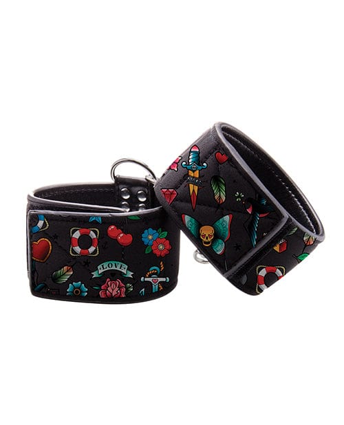 Shots America Shots Ouch Old School Tattoo Style Printed Hand Cuffs- Black Kink &amp; BDSM