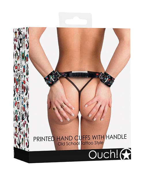 Shots America Shots Ouch Old School Tattoo Style Printed Handcuffs with Handle - Black Kink &amp; BDSM