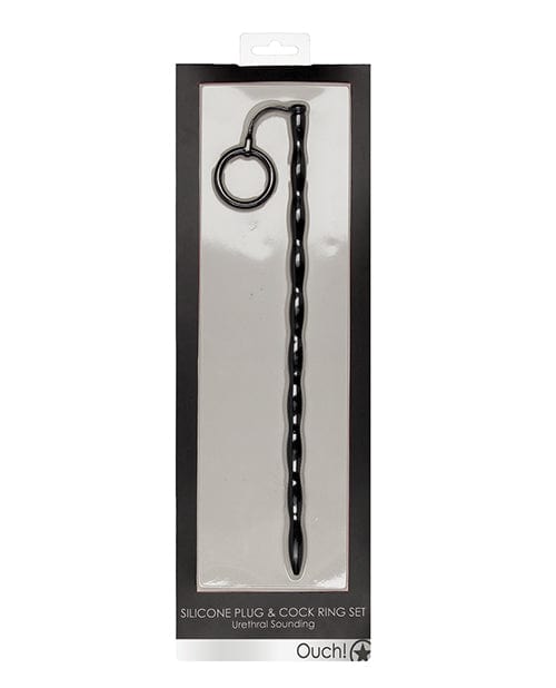Shots America Shots Ouch Urethral Sounding Silicone Plug &amp; Cock Ring Set - Black Kink &amp; BDSM