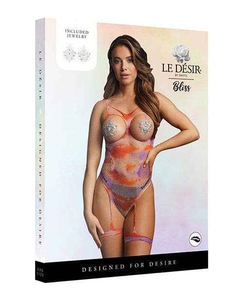 Shots Bliss Open Cup Strappy Teddy with Jewelry Pasties Multi One Size Fits Most