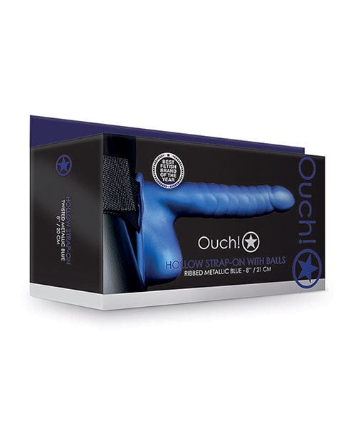 Shots America LLC Shots Ouch 8" Ribbed Hollow Strap On W/balls Metallic Blue Dildos