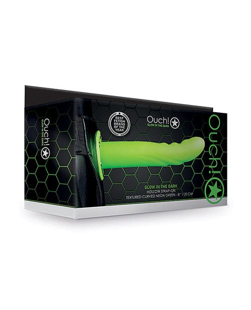 Shots Ouch 8 Inch Textured Curved Hollow Strap On - Glow In The Dark