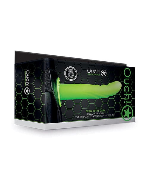 Shots America LLC Shots Ouch 8" Textured Curved Hollow Strap On - Glow In The Dark Dildos