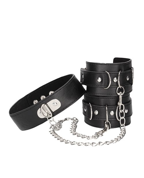 Shots America LLC Shots Ouch Black &amp; White Bonded Leather Collar W-hand Cuffs - Black Kink &amp; BDSM