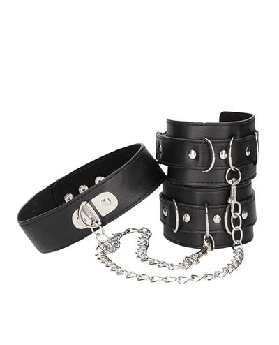 Shots America LLC Shots Ouch Black & White Bonded Leather Collar W-hand Cuffs - Black Kink & BDSM