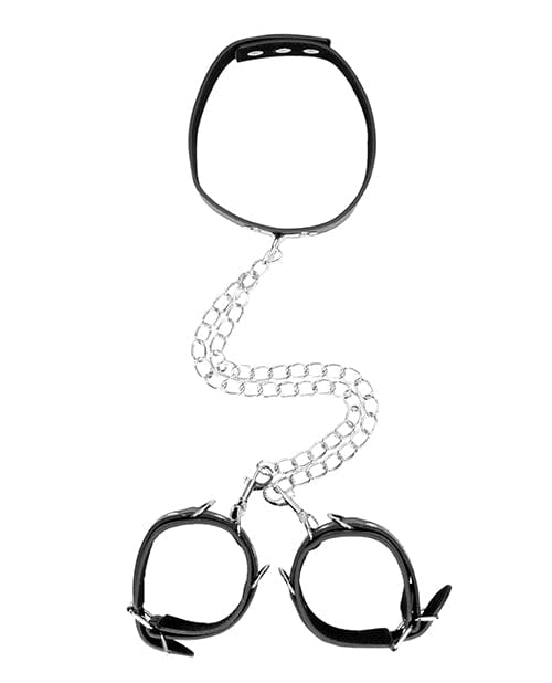 Shots America LLC Shots Ouch Black &amp; White Bonded Leather Collar W-hand Cuffs - Black Kink &amp; BDSM