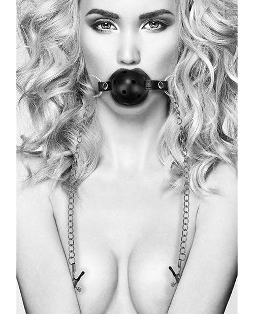 Shots Ouch Black & White Breathable Ball Gag with nipple Clamps - Black