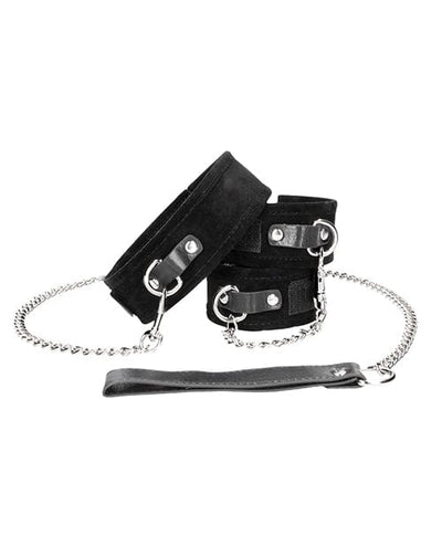 Shots America LLC Shots Ouch Black & White Velcro Collar W-leash & Hand Cuffs - Black Kink & BDSM