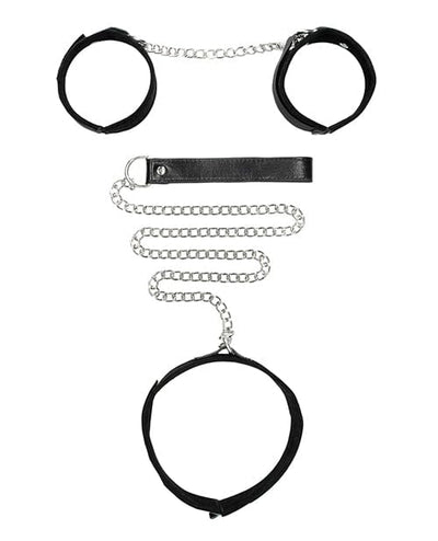 Shots America LLC Shots Ouch Black & White Velcro Collar W-leash & Hand Cuffs - Black Kink & BDSM