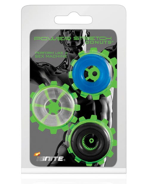 SI Novelties Ignite Power Stretch Donuts Cockrings - Pack Of 3 Black-clear-blue Penis Toys