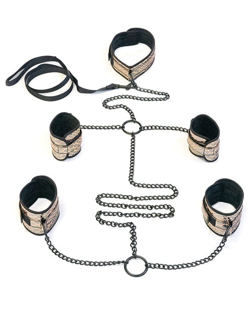 Spartacus Spartacus Faux Leather Collar To Wrist &amp; Ankle Restraints Bondage Kit with Leash Gold Kink &amp; BDSM