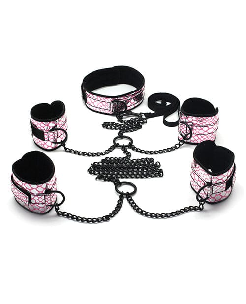 Spartacus Spartacus Faux Leather Collar To Wrist &amp; Ankle Restraints Bondage Kit with Leash Pink Kink &amp; BDSM