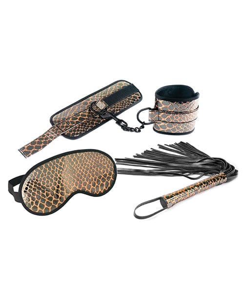 Spartacus Spartacus Faux Leather Wrist Restraints Blindfold &amp; Flogger Bondage Kit - Gold Kink &amp; BDSM