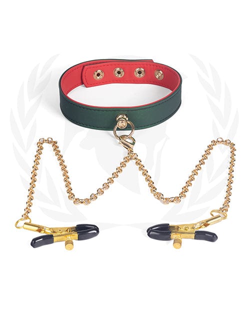 Spartacus Spartacus Pu Collar with Nipple Clamps - Green Kink &amp; BDSM