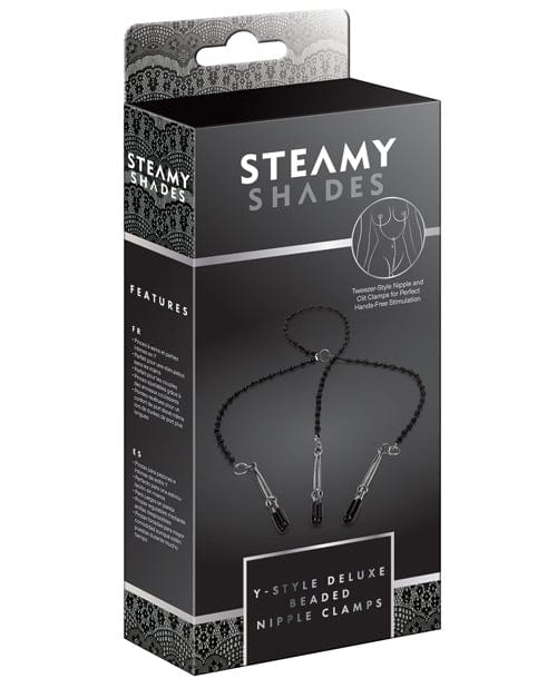 St Rubber Steamy Shades Y-style Deluxe Beaded Nipple Clamps - Black-Silver Kink &amp; BDSM