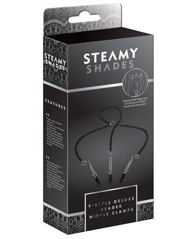 St Rubber Steamy Shades Y-style Deluxe Beaded Nipple Clamps - Black-Silver Kink & BDSM