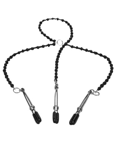 St Rubber Steamy Shades Y-style Deluxe Beaded Nipple Clamps - Black-Silver Kink & BDSM