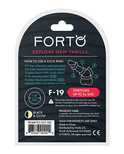 Forto F-19 Two Tone Liquid Silicone Cock Ring - Black-Glow In The Dark