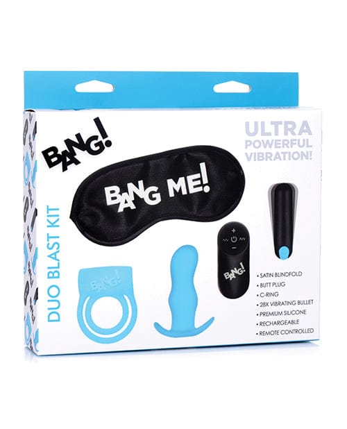 XR Brands Bang! Duo Blast Remote Control Cock Ring &amp; Butt Plug Vibe Kit - Blue Anal Toys