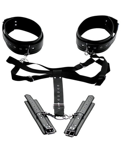 XR Brands Master Series Acquire Easy Access Thigh Harness with Wrist Cuffs - Black Kink & BDSM