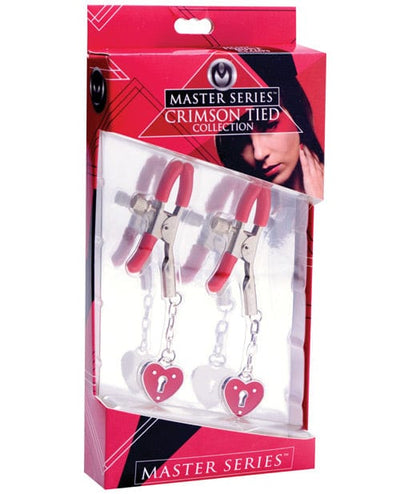 XR Brands Master Series Charmed Heart Padlock Nipple Clamps - Red Kink & BDSM