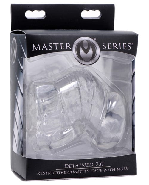 XR Brands Master Series Detained 2.0 Restrictive Chastity Cage with Nubs - Clear Kink &amp; BDSM