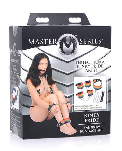 XR Brands Master Series Kinky Pride Rainbow Bondage Set - Wrist & Ankle Cuffs & Collar with Leash Kink & BDSM