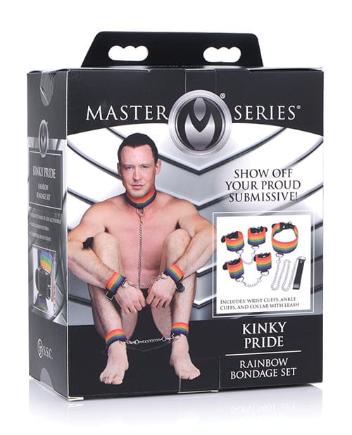 Master Series Kinky Pride Rainbow Bondage Set - Wrist & Ankle Cuffs & Collar with Leash