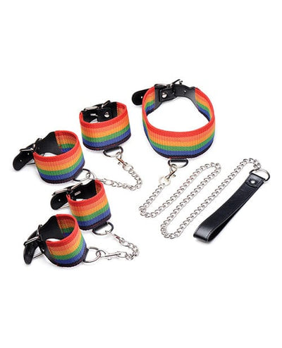 XR Brands Master Series Kinky Pride Rainbow Bondage Set - Wrist & Ankle Cuffs & Collar with Leash Kink & BDSM